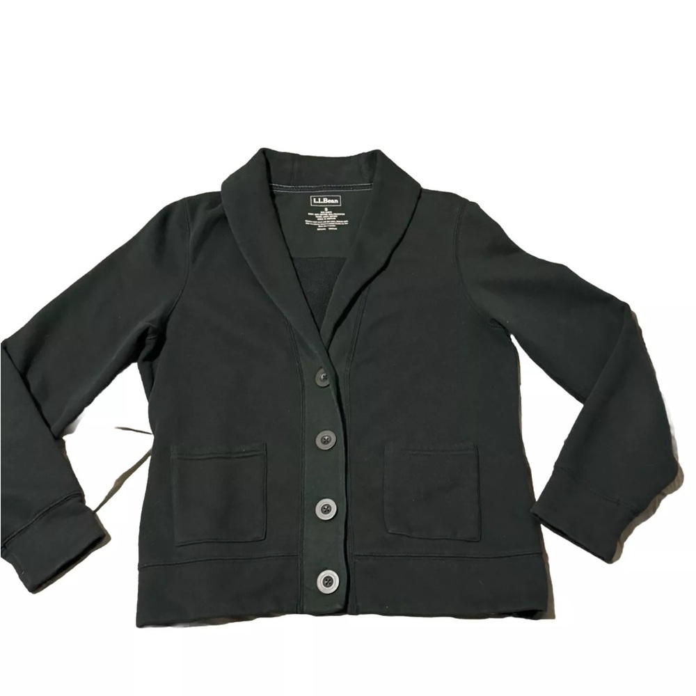 LL Bean Fleece Button-Down‎ Cardigan Coat Blazer Women's Small Black Back-Belt